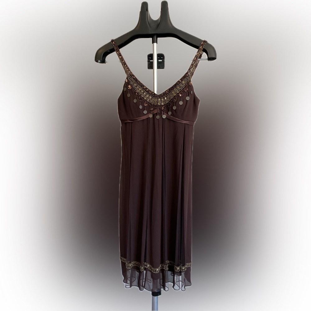 Sue Wong Beaded Cocktail Dress Silk Chiffon Brown Size